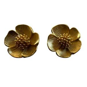 Rare Vintage Ben Amun Brushed Gold Magnolia Flower Clip-On Earrings